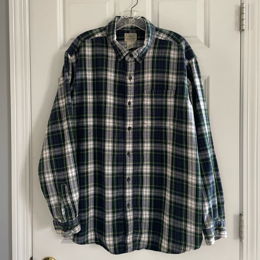 Vtg LL BEAN Mens Flannel Shirt XL Blue Green Tartan Plaid Button Diwn Cotton